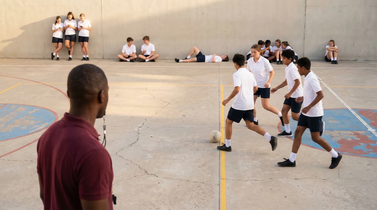 Professor observa alunos na quadra: poucos jogam, maioria encostada na parede com celular